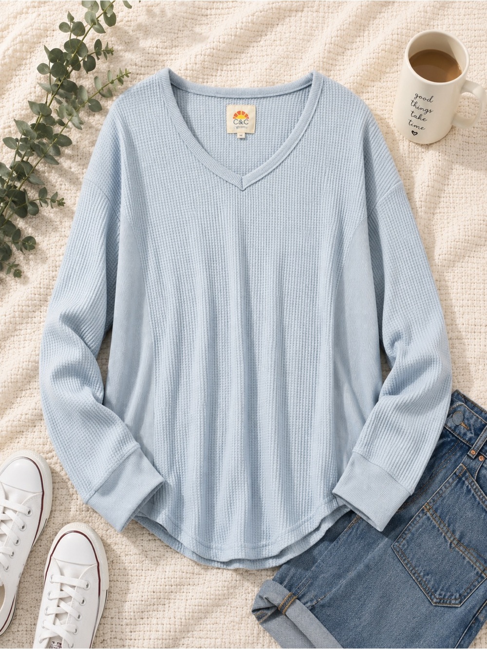 C&C California Light Blue Waffle V-Neck Long Sleeve Top
